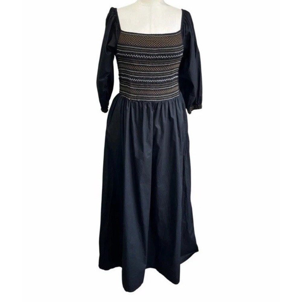 Milkmaid Black Maxi Dress L Smocked Embroidered Cottagecore Peasant Puff Sleeve - Picture 2 of 16